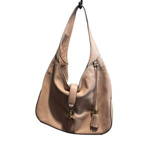 G.I.L.I. Genuine Leather Hobo Shoulder Bag Nude Beige Gold Hardware Tassel